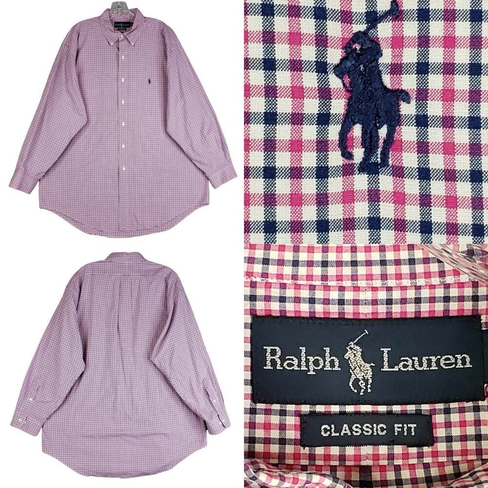 Polo Ralph Lauren Shirt Oxford Button Down Mens Size 17 XXL Plaid Blue Pink